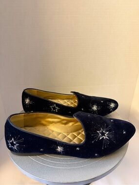 Birdies The Heron velvet Navy Blue Celstial Silver Star Embroidery Womens 9